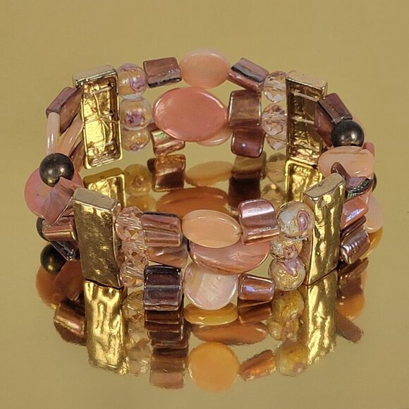 Jewelry - Gold Tone Pink Mother Of Pearl And Millefiori Glass Beaded Stretch Bracelet 7 In